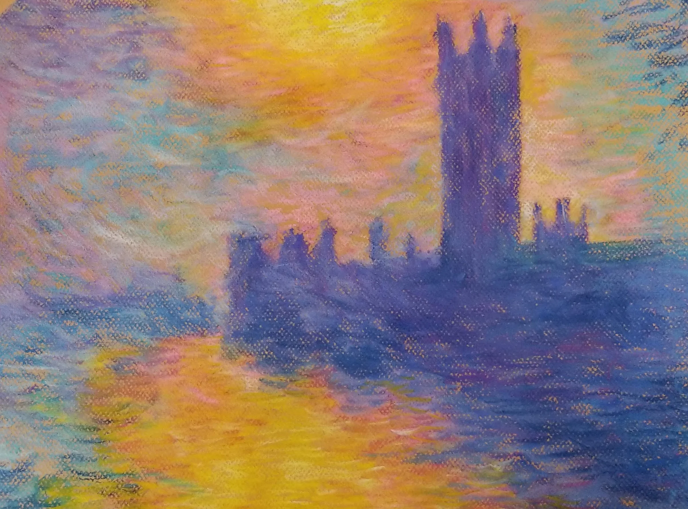 Impressionist study of Parliament at sunset in Monet's atmospheric style